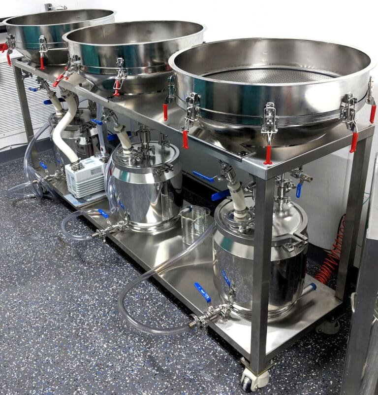 Stainless steel Infinity filter table used for winterization filtration in cannabis and hemp oil processing