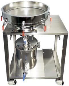 Stainless steel Infinity filter table used for winterization filtration in cannabis and hemp oil processing