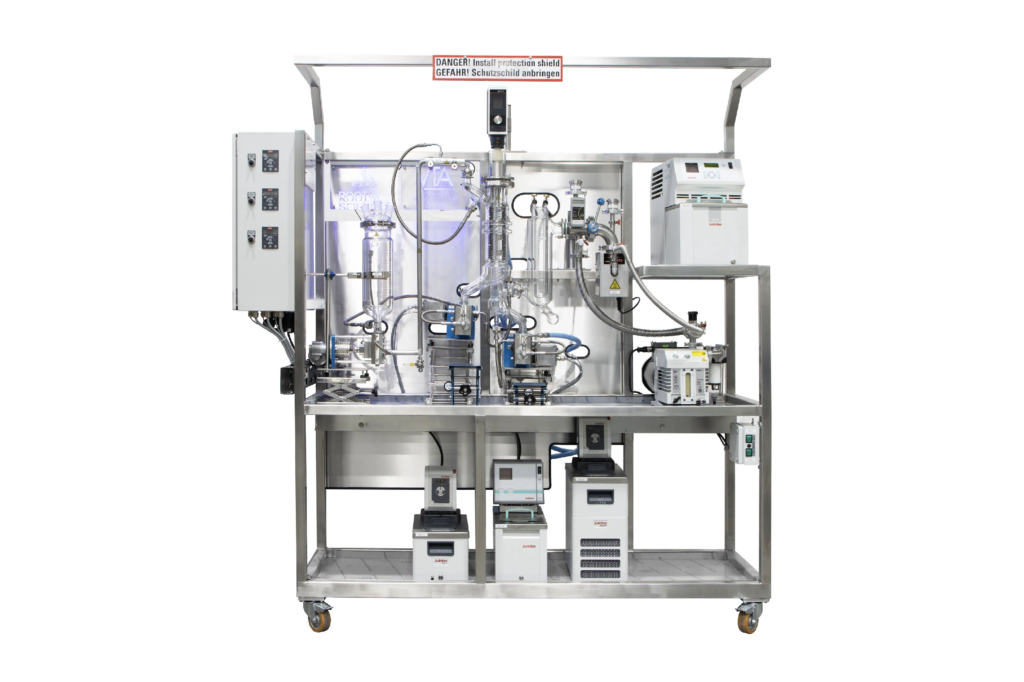 VKL 75 wiped-film short path distillation system for laboratory cannabis and hemp processing with a transparent glass evaporator and continuous feed operation
